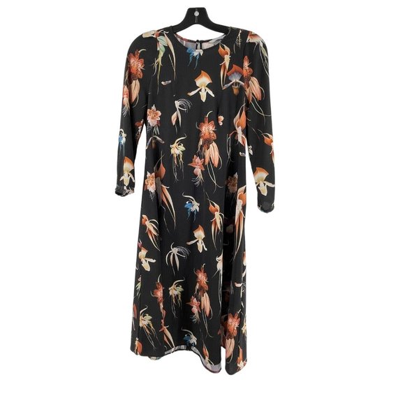 H M Women's 3/4 Sleeve Black Floral Print Slit Back Dress Size 8 - Picture 2 of 16